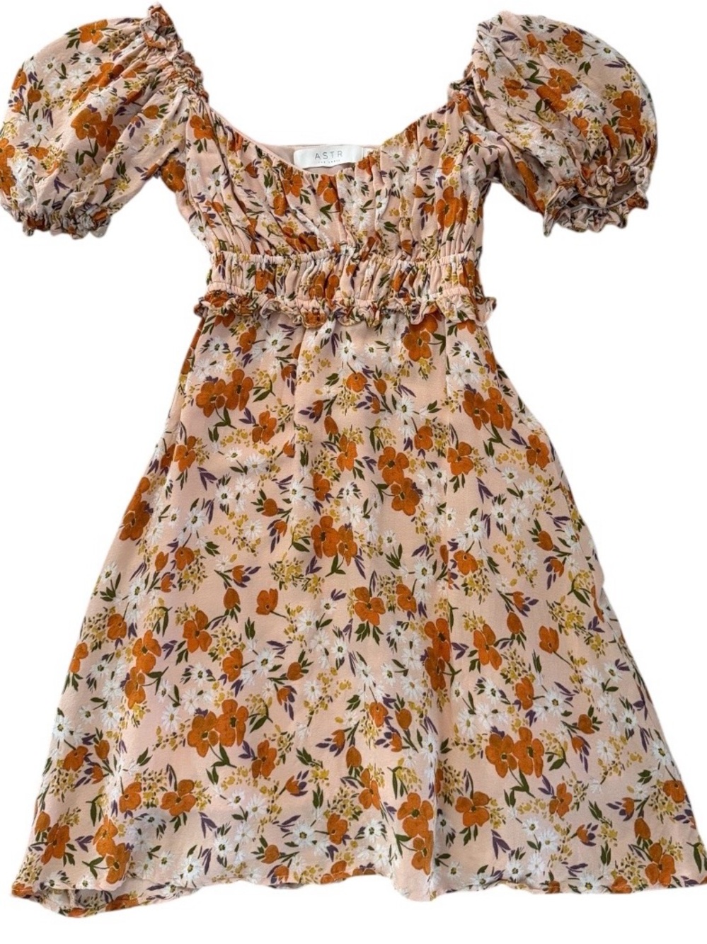 ASTR  Peach Floral Puff-Sleeve Dress